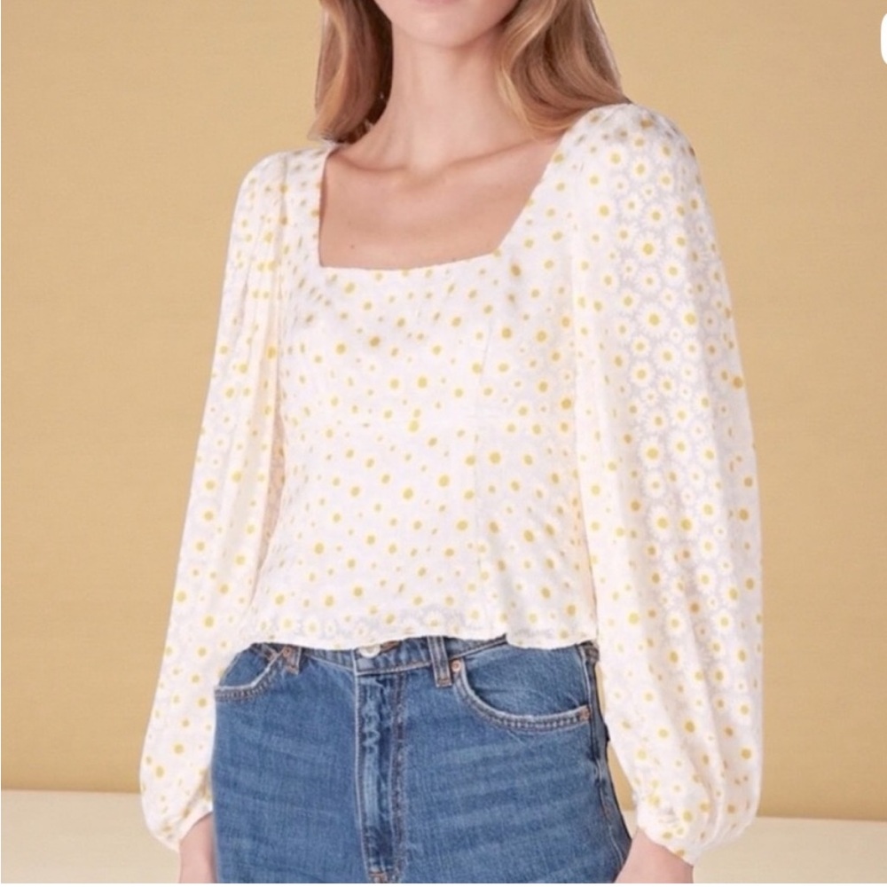 STAUD Lana Daisy Square Neck Blouse | Cottagecore Romantic Crop Top | M
